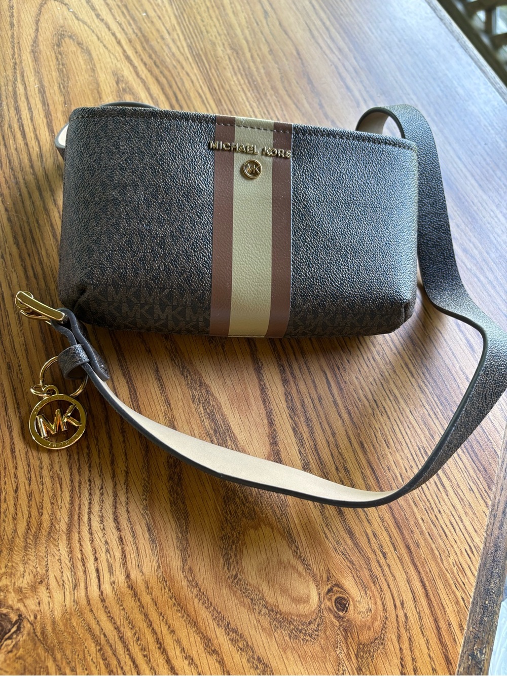 Michael Kors Brown Monogram Crossbody with Beige & Brown Center Stripe